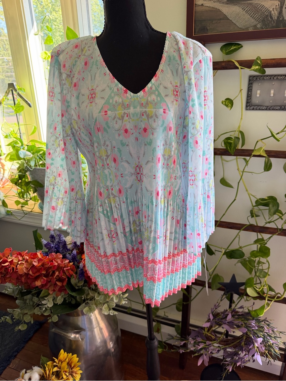 Ruby Rd. Light Blue Floral Pleated V-Neck Tunic with Pink Trim